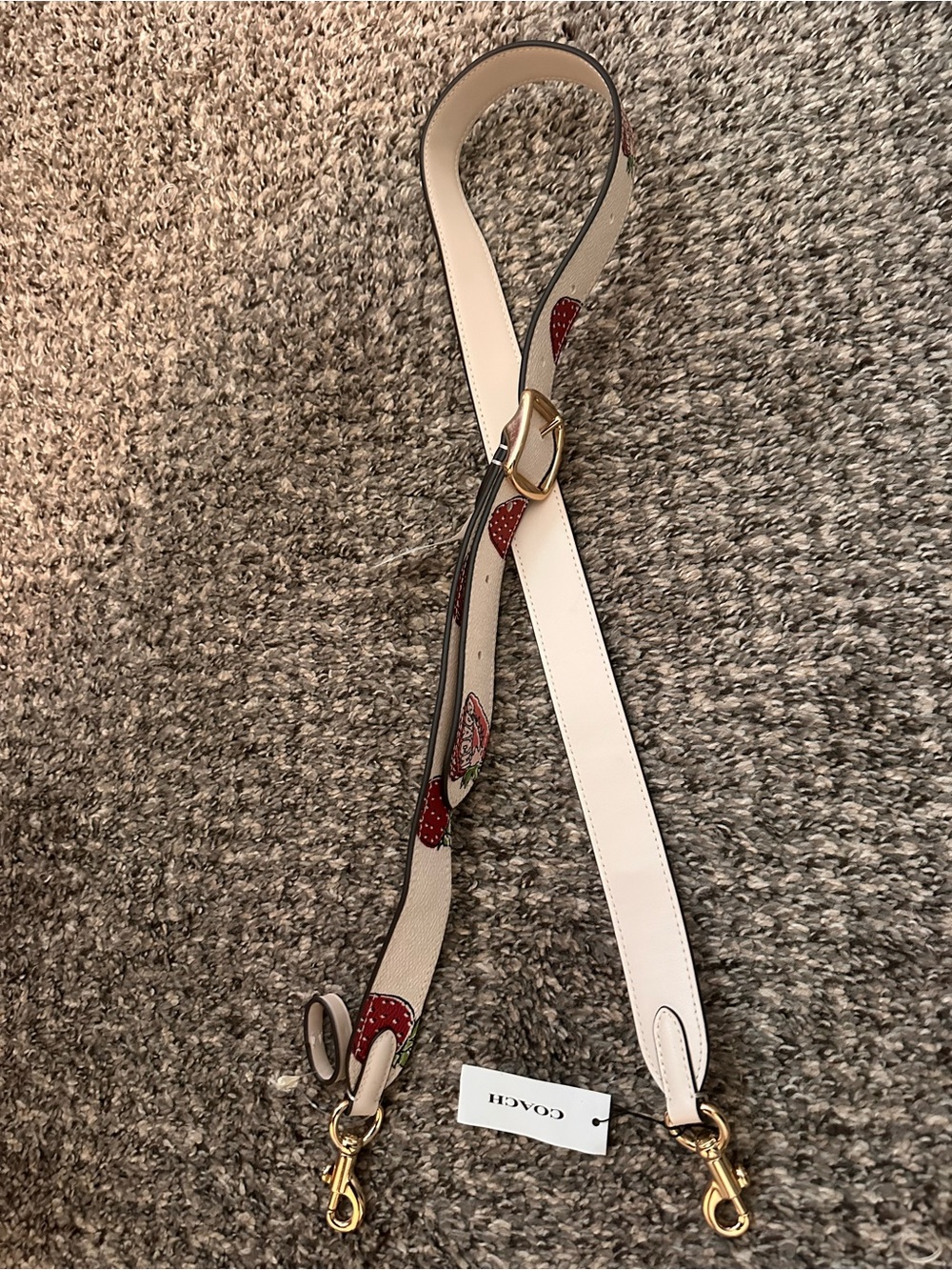 Coach White Leather Strap with Red Strawberry Print and Gold Hardware - Picture 2 of 5